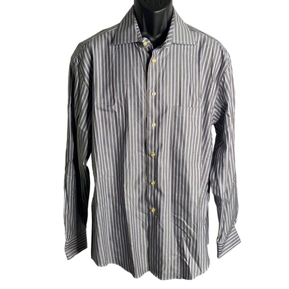 Egara Non Iron Modern Fit Button Up Shirt XL Brown Blue Stripes Long Sleeves - Picture 1 of 6